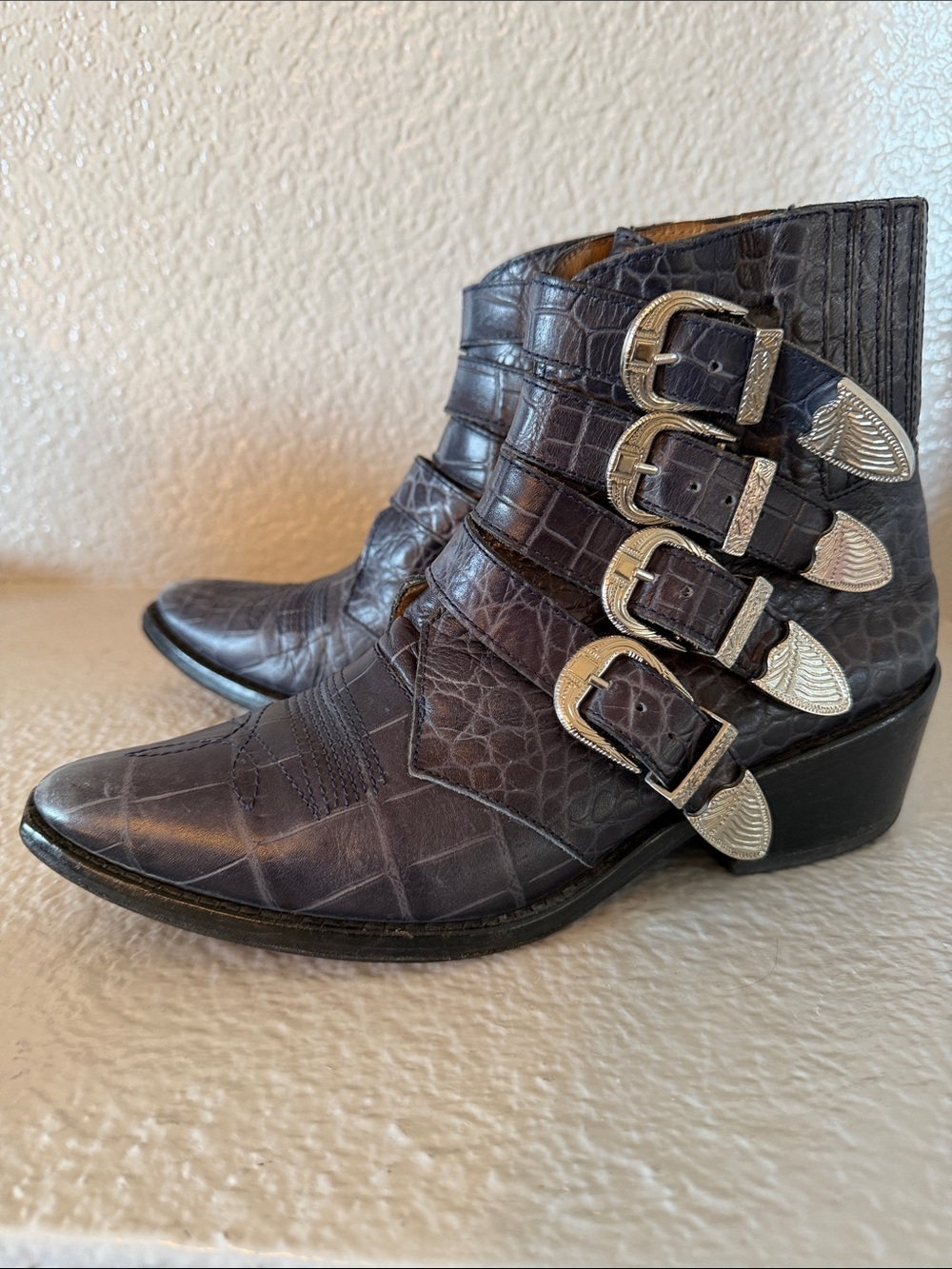 Toga Pulla Blue Croc Embossed Four Buckle Western Ankle Boots EU 38